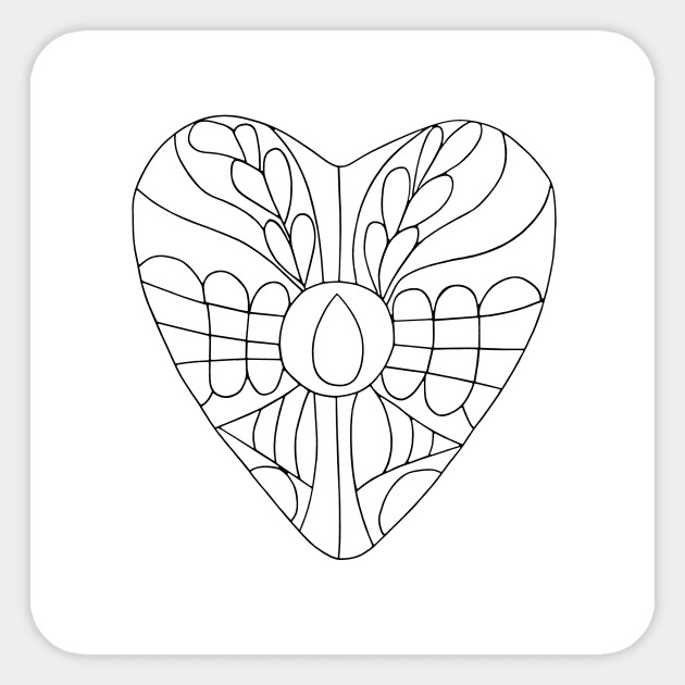 Linear drawing - heart with patterns of leaves and flowers. Hand drawing coloring book for children and adults. One of a series of painted pictures. Sticker by Olesya Pugach